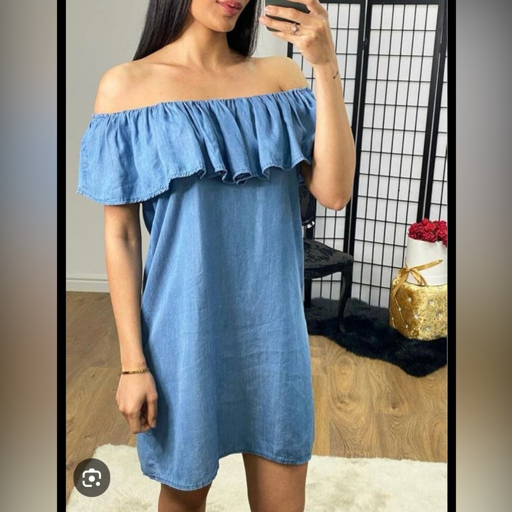 2/$20 - Stylish Blue Jean Dress / Off-Shoulder  - Loose Fitting - Summer Dress